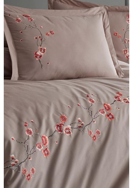 Sakura Nakışlı %100 Pamuk Çift Kişilik Nevresim Takımı Vizon modelleri