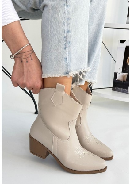Bej Cilt Topuklu Bot
