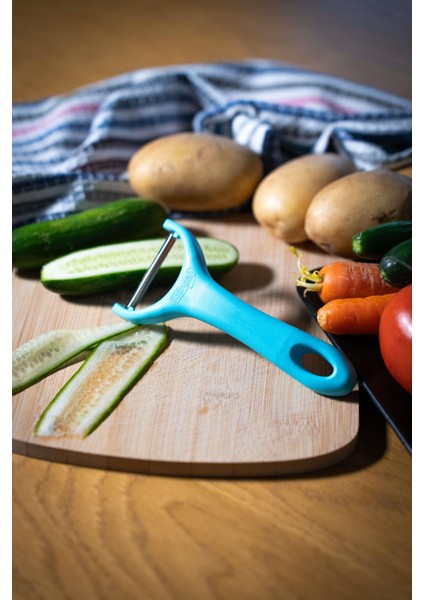 Mat Turkuaz Sapan Soyacak – Paslanmaz Alman Çeliği, Ergonomik Sap, Çift Yönlü Kullanım