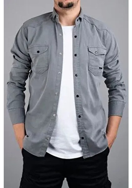 Slim Fit Erkek Kot Gömlek Gri