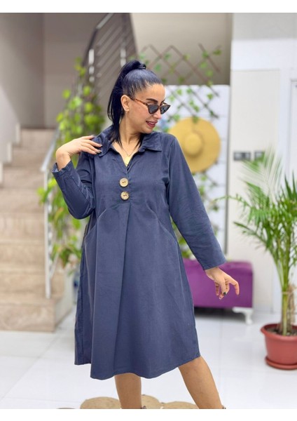 AY238167 Erkek Yaka Düğmeli Kadife Elbise Füme