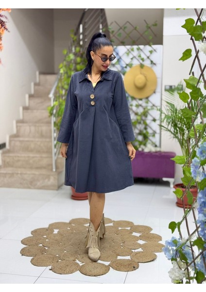 AY238167 Erkek Yaka Düğmeli Kadife Elbise Füme modelleri