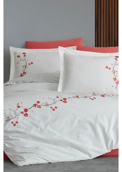 Sakura Nakışlı %100 Pamuk Çift Kişilik Nevresim Takımı Krem
