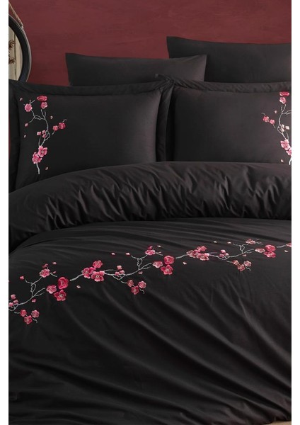 Sakura Nakışlı %100 Pamuk Çift Kişilik Nevresim Takımı Siyah