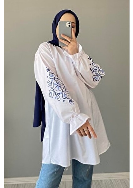 Kol Nakışlı Tunik Acı Beyaz modelleri