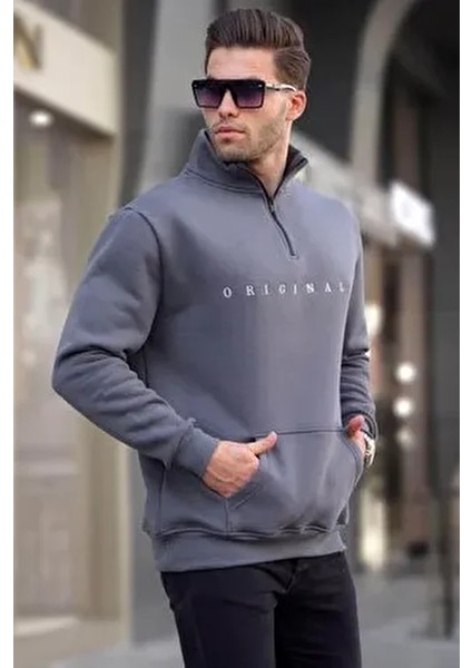Erkek Füme Kapüşonlu Sweatshirt Uzun Kollu Kanguru Cep Detaylı