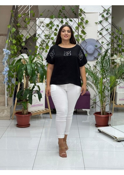 NC61130 Italyan Sırt File Güpürlü Keten Bluz Siyah