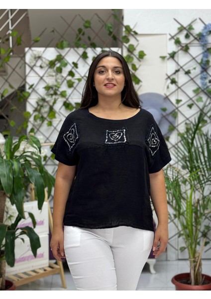 NC61130 Italyan Sırt File Güpürlü Keten Bluz Siyah fiyatları