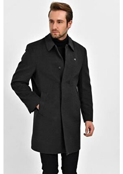 Füme Polyester Karışımlı Uzun Palto Ceket Yaka Casual Stil