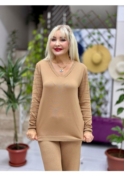 D12793 Kol Yaka Detay Triko Bluz Camel