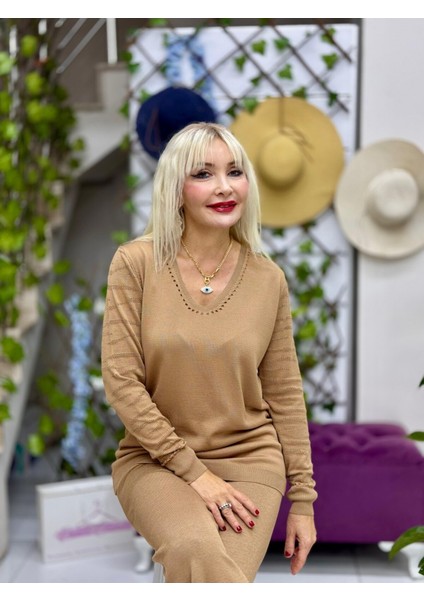 D12793 Kol Yaka Detay Triko Bluz Camel fiyatları