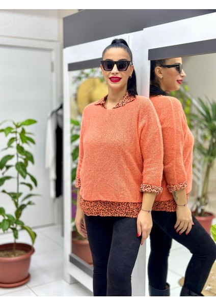 NC516024 Italyan Leopar Desen Fularlı Erkek Yaka Kazak Oranj