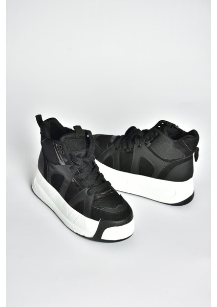 V973019102 Siyah/beyaz Süet Kalın Tabanlı Kadın Spor Ayakkabı Sneakers