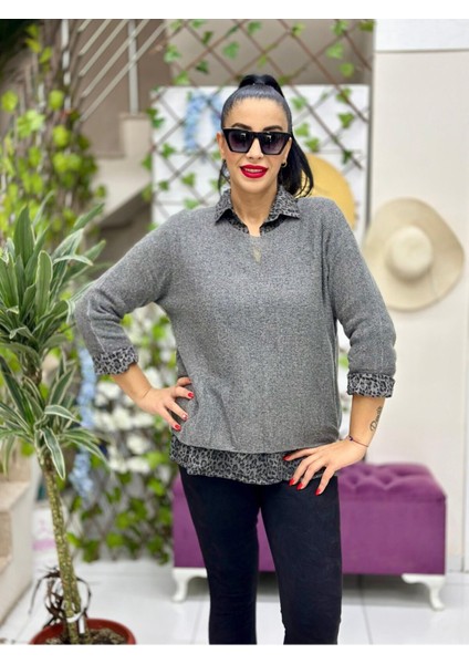 NC516023 Italyan Leopar Desen Fularlı Erkek Yaka Kazak Füme