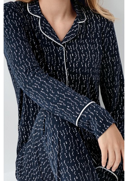 Kadın Lacivert Gömlek Yakalı Pijama Takım, Alt Pijama Cepli ve Desenli, %50 Pamuk %50 Modal modelleri