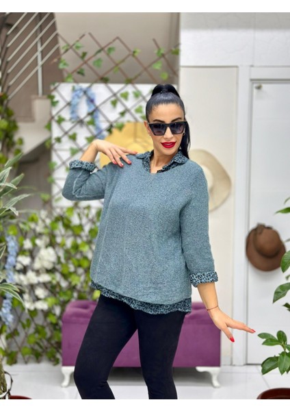 NC516029 Italyan Leopar Desen Fularlı Erkek Yaka Kazak Petrol