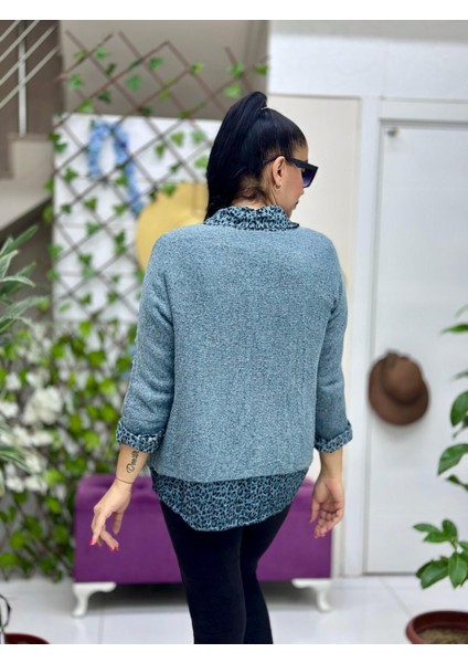 NC516029 Italyan Leopar Desen Fularlı Erkek Yaka Kazak Petrol fiyatları