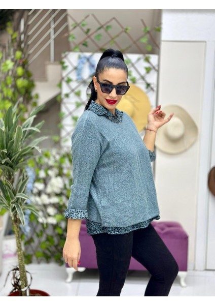 NC516029 Italyan Leopar Desen Fularlı Erkek Yaka Kazak Petrol modelleri