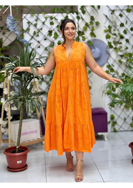 NC20366 Italyan Nakışlı Askılı Coton Elbise Oranj