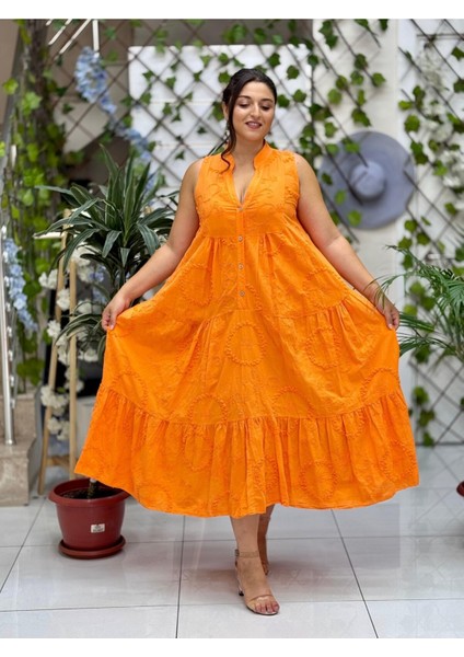 NC20366 Italyan Nakışlı Askılı Coton Elbise Oranj fiyatları