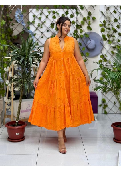 NC20366 Italyan Nakışlı Askılı Coton Elbise Oranj modelleri