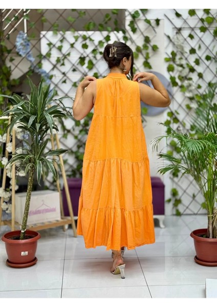 NC20366 Italyan Nakışlı Askılı Coton Elbise Oranj fırsatları