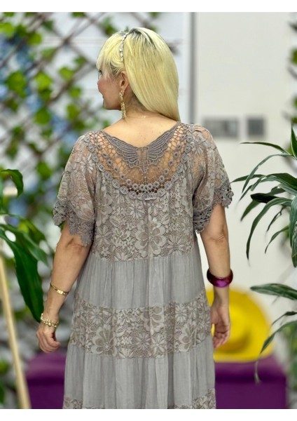 N10337 Italyan Ipek Elbise Vizon