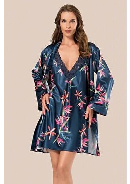 Kadın Lacivert Saten Gecelik Takımı Uzun Kollu V Yaka Midi Dantel Detaylı