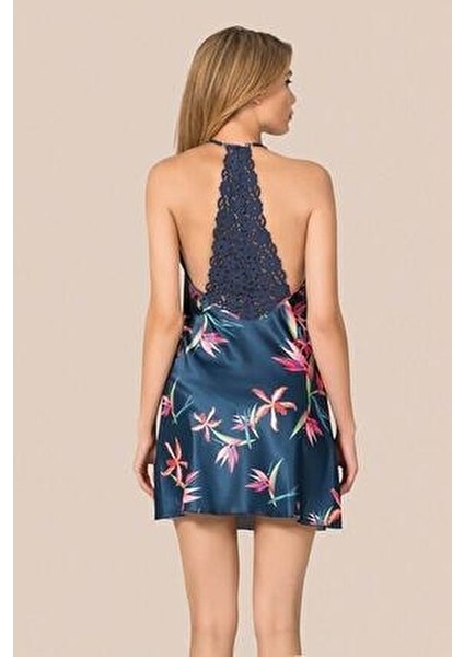 Kadın Lacivert Saten Gecelik Takımı Uzun Kollu V Yaka Midi Dantel Detaylı fiyatları