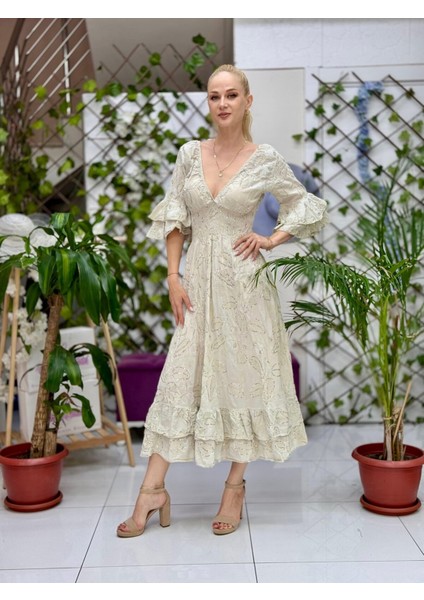 NC10995 Italyan Pul Payetli Beli Lastikli Coton Elbise Bej