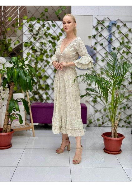 NC10995 Italyan Pul Payetli Beli Lastikli Coton Elbise Bej modelleri