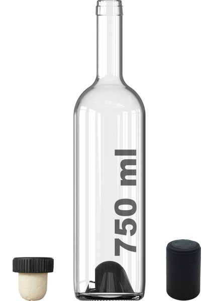 750 ml Şeffaf Şarap Şişesi Siyah Doğal Mantar Tıpalı ve Siyah Kapüşonlu Dibi Çukur Cam Şişe 1 Adet