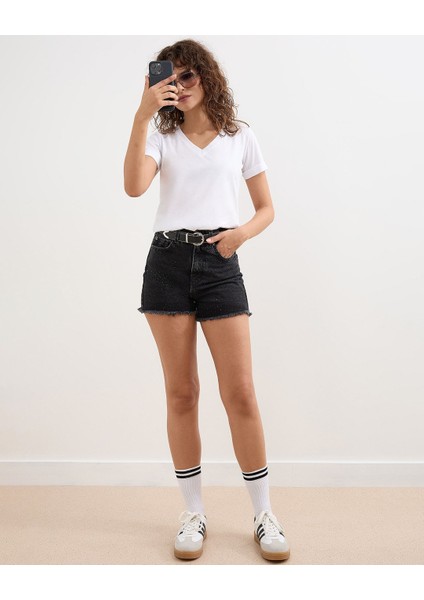 Krem Kadın V-Yaka Basic Tişört Örme Pamuk Penye T-Shirt