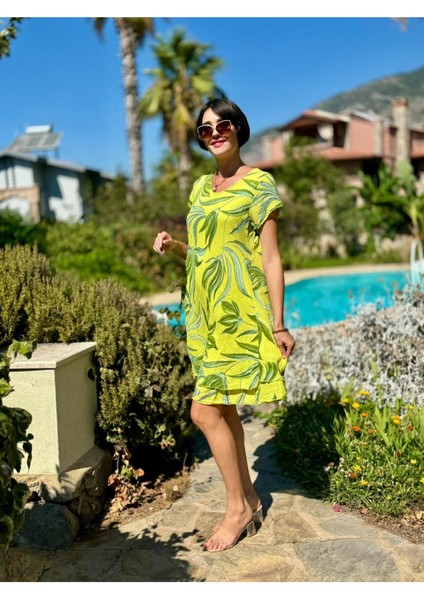 NC50122 Italyan Kısa Kol Pamuk Keten Elbise Fıstık