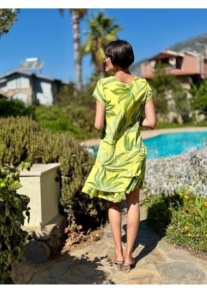 NC50122 Italyan Kısa Kol Pamuk Keten Elbise Fıstık fırsatları