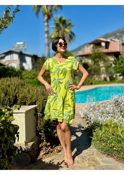 NC50122 Italyan Kısa Kol Pamuk Keten Elbise Fıstık