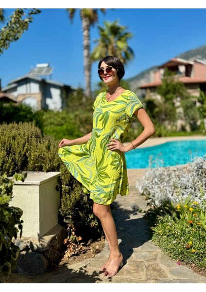 NC50122 Italyan Kısa Kol Pamuk Keten Elbise Fıstık