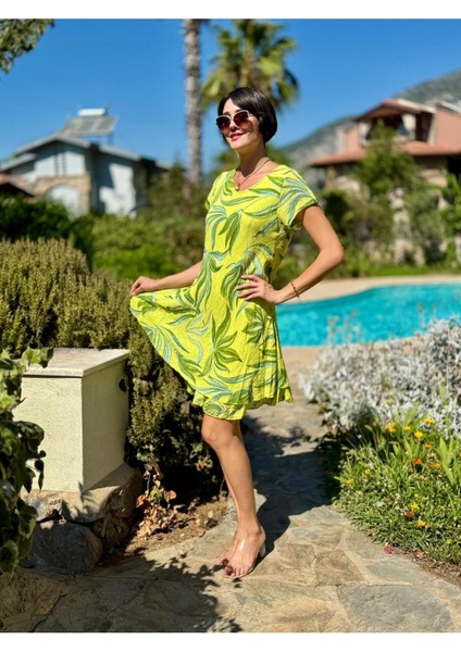 NC50122 Italyan Kısa Kol Pamuk Keten Elbise Fıstık