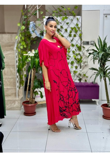 VL2110 Baskılı Yarım Kol Vual Elbise Kırmızı fiyatları