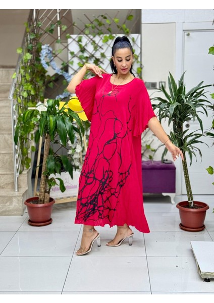 VL2110 Baskılı Yarım Kol Vual Elbise Kırmızı modelleri