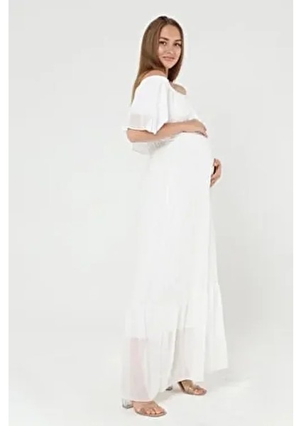 Uzun Kol Abiye Şifon Hamile Elbise Günlük Kullanım İçin Şık Tasarım Beyaz Renk