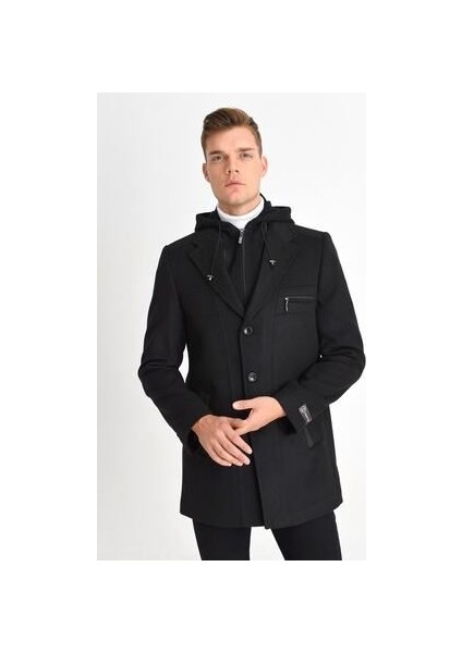 Erkek Siyah Yün Karışımlı Kaşe Kapüşonlu Önü Fermuarlı ve Düğmeli Kaban