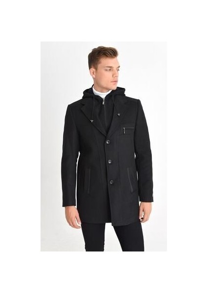 Erkek Siyah Yün Karışımlı Kaşe Kapüşonlu Önü Fermuarlı ve Düğmeli Kaban fiyatları