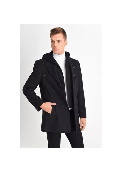 Erkek Siyah Yün Karışımlı Kaşe Kapüşonlu Önü Fermuarlı ve Düğmeli Kaban fırsatları