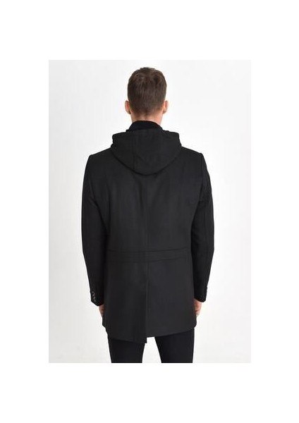 Erkek Siyah Yün Karışımlı Kaşe Kapüşonlu Önü Fermuarlı ve Düğmeli Kaban indirimleri