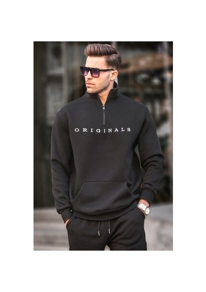Siyah Fermuar Yaka Nakışlı Sweatshirt 6028
