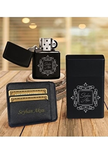 Kişiye Özel Isimli Siyah Metal Sigara Tabakası ve Benzinli Çakmak Seti - 1