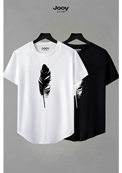 Unisex Siyah Beyaz Oval Kesim Tüy Tasarım Tshirt Ikili Set