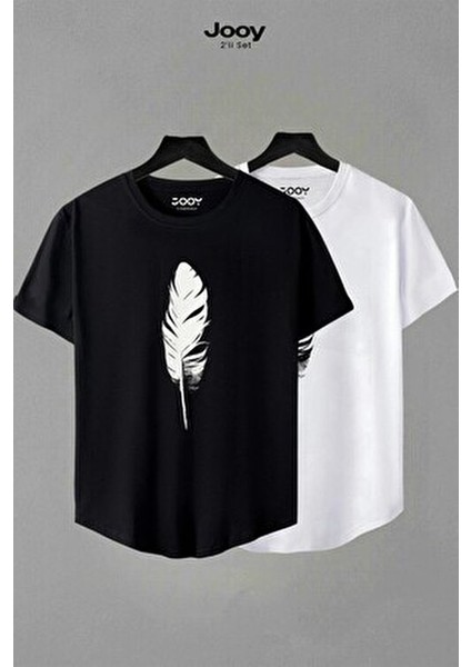 Unisex Siyah Beyaz Oval Kesim Tüy Tasarım Tshirt Ikili Set fiyatları
