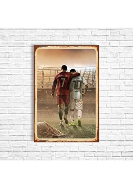 Renkli Messi ve Ronaldo Retro Ahşap Poster Çerçeveli Modern Tasarım Duvar Dekoru